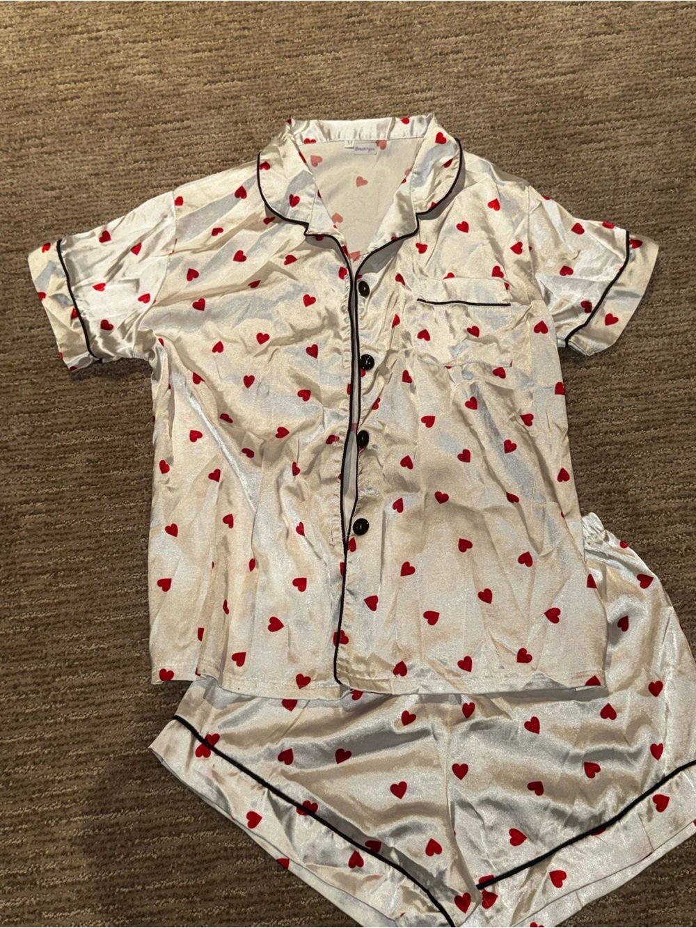 Amazon Women's White Satin Pajama Set with Red Heart Print